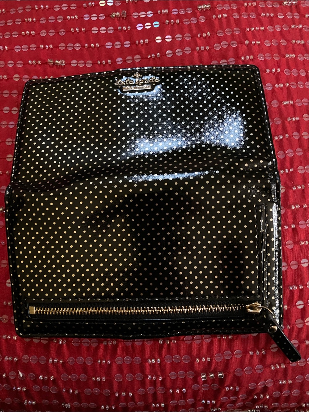 Kate Spade New York Saffiano Black Leather Gold Dots Logo Large Wallet